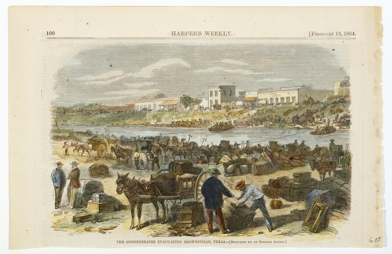Confederates evakuoimassa Brownsvilleä, Texasia, n. 1864 (käsinvärinen litografia kudottulle puumassapaperille) tekijältä American School