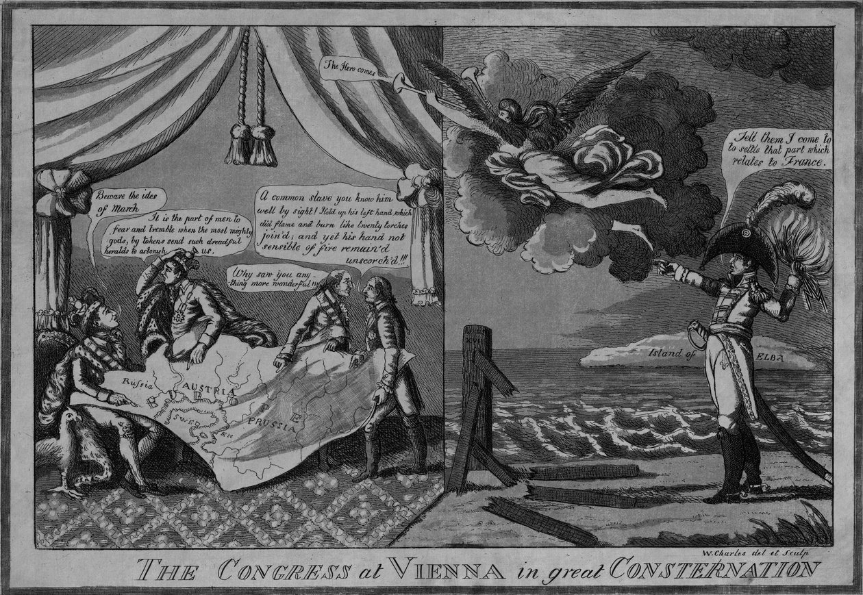 Wienin kongressi suuressa tyrmistyneessä tilassa, n. 1815 (etsaus ja akvatinta) tekijältä American School