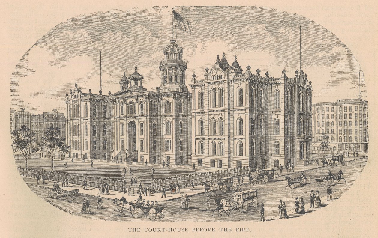 Oikeustalo ennen tulipaloa, painanut Moss Engraving Co., New York, kuva julkaisusta History of Chicago voi. 2, Alfred Theodore Andreas, julkaistu 1885 tekijältä American School