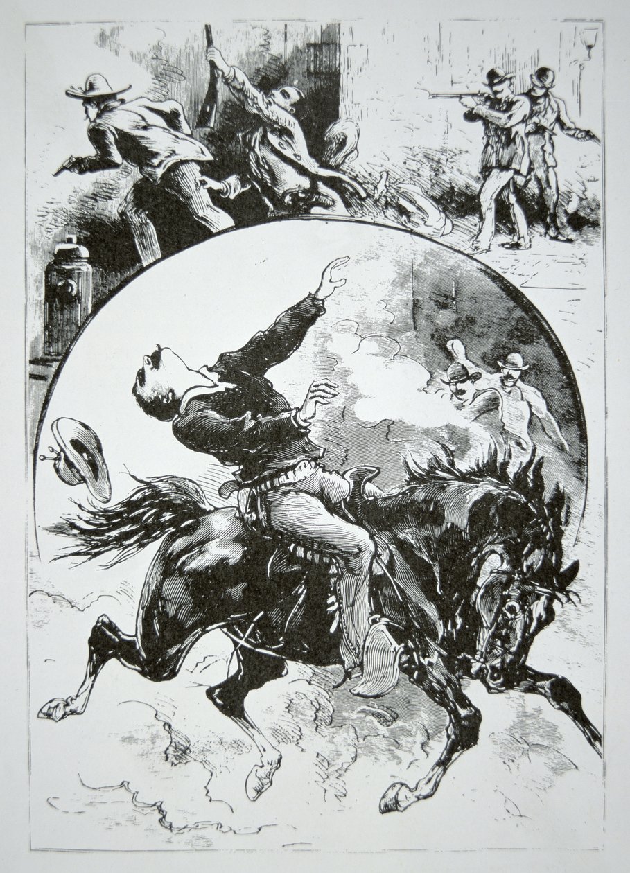 The Dalton Gang, jonka Coffeyvillen raivokkaat kansalaiset ampuivat alas "National Police Gazette" -lehdestä, 5. lokakuuta 1892 (kaiverrus) tekijältä American School