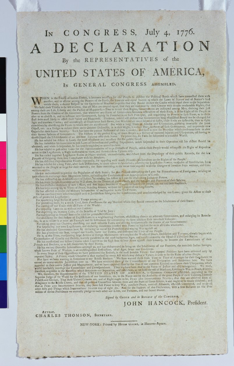 Hugh Gainen painama itsenäisyysjulistus, 1776 (muste paperille) tekijältä American School