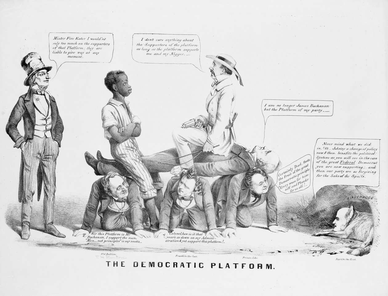 "The Democratic Platform" poliittinen sarjakuva, joka kommentoi demokraattisen puolueen asemaa orjuudessa, n. 1856 tekijältä American School