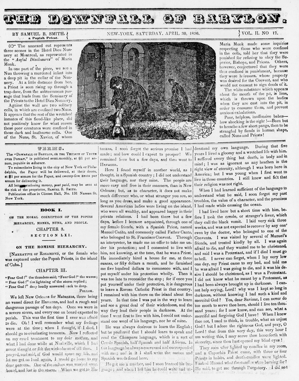 Babylonin tuho, esimerkki antikatolisesta pamfletista, jossa nunna heittää murhatun lapsen kuoppaan, 1836 (sanomalehtipaperi) tekijältä American School