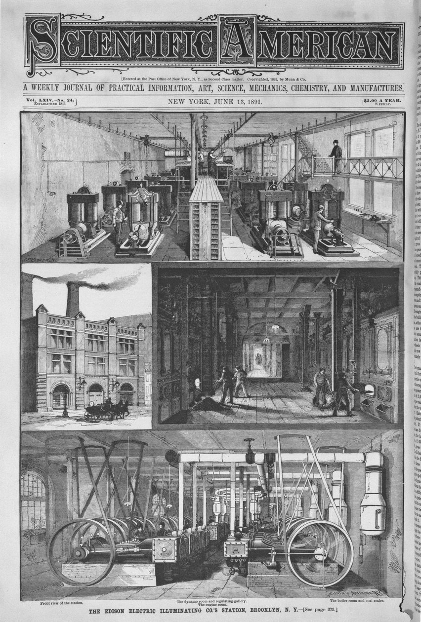Edison Electric Illuminating Cos Station, kuvitus Scientific Americanista, 1891 tekijältä American School