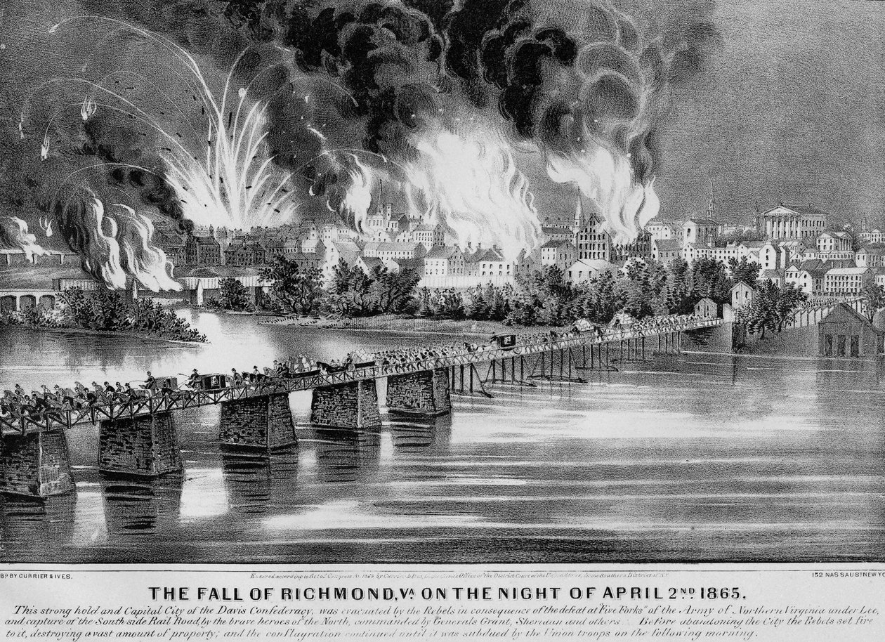 The Fall of Richmond, Va. yöllä 2. huhtikuuta 1865, pub. kirjoittanut Currier & Ives, 1865 tekijältä American School