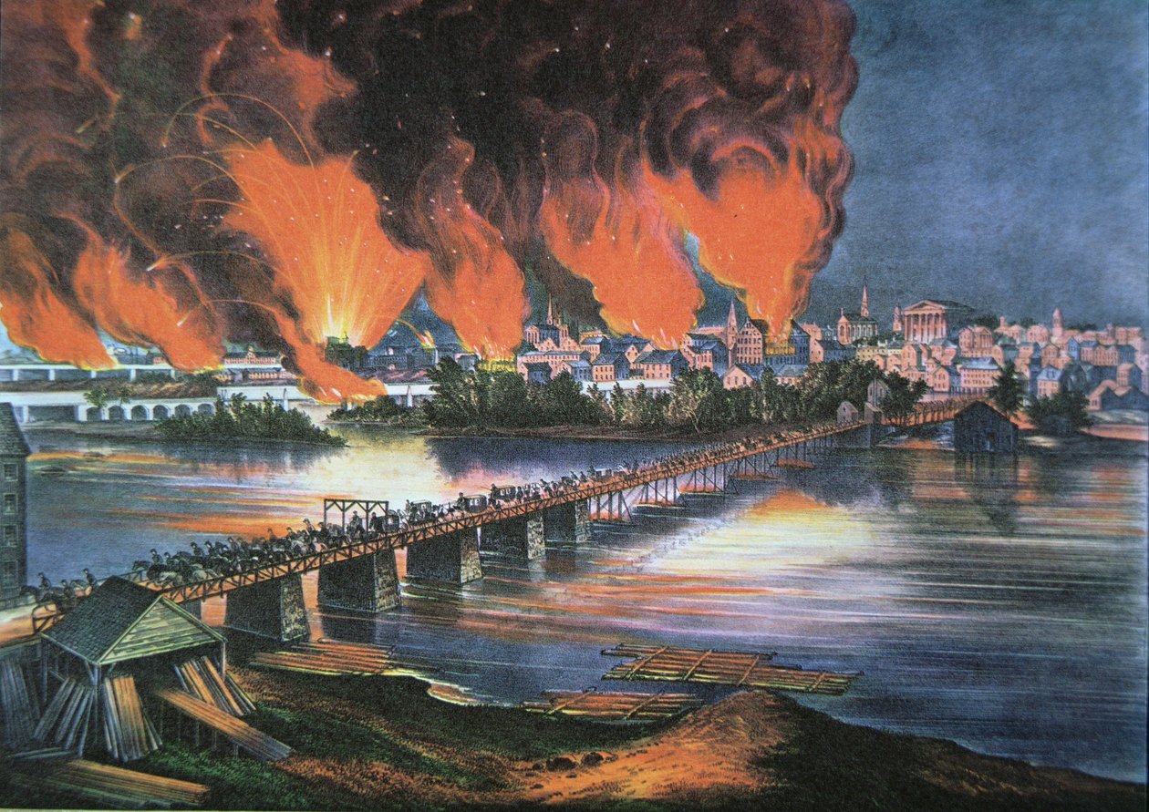 Richmondin kaatuminen, Virginia, yöllä 2. huhtikuuta 1865 (väri litho) tekijältä American School