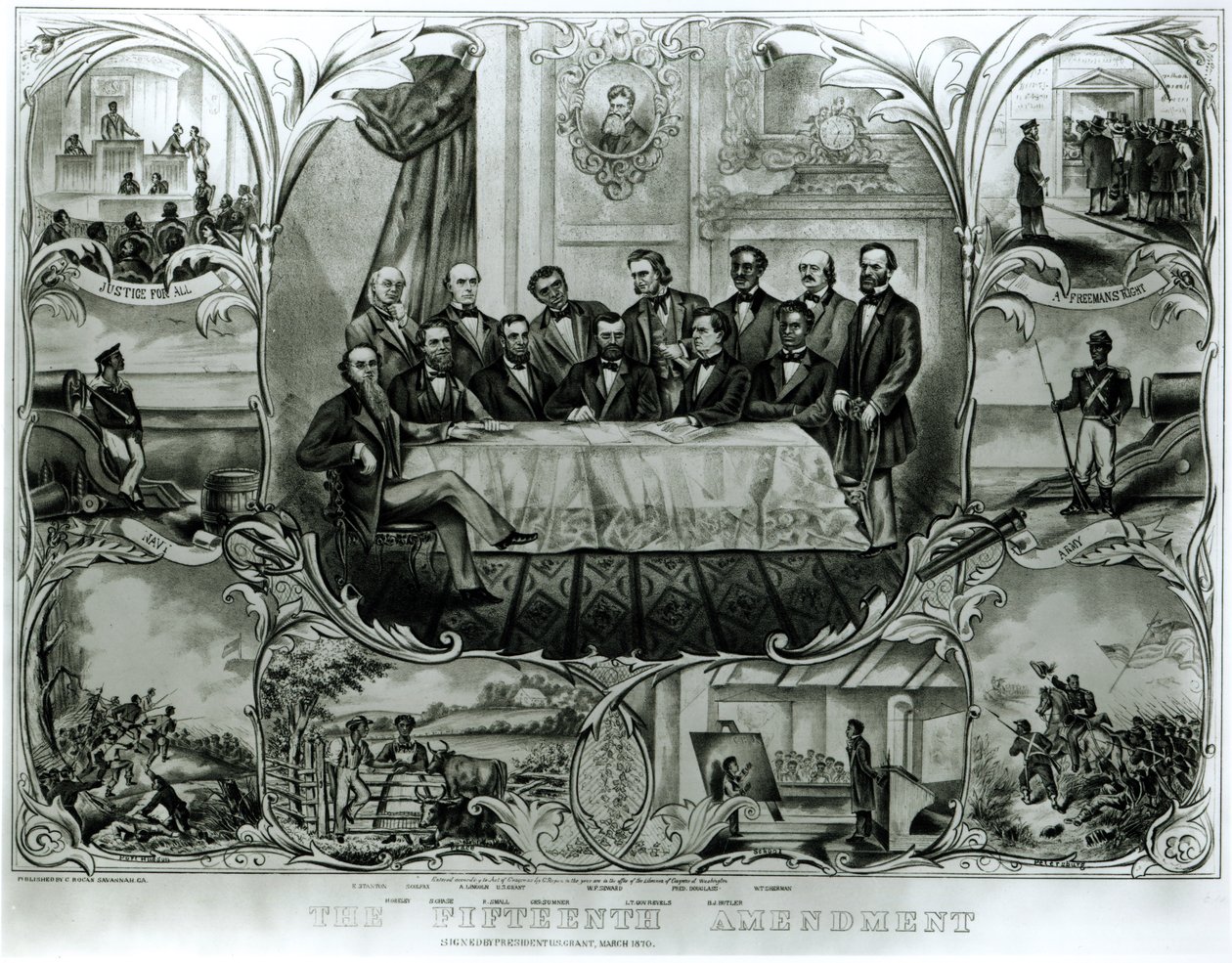 Viidestoista muutos, jonka allekirjoitti presidentti Ulysses S. Grant (1822-85) maaliskuu 1870 (litho) (mustavalkoinen kuva) tekijältä American School