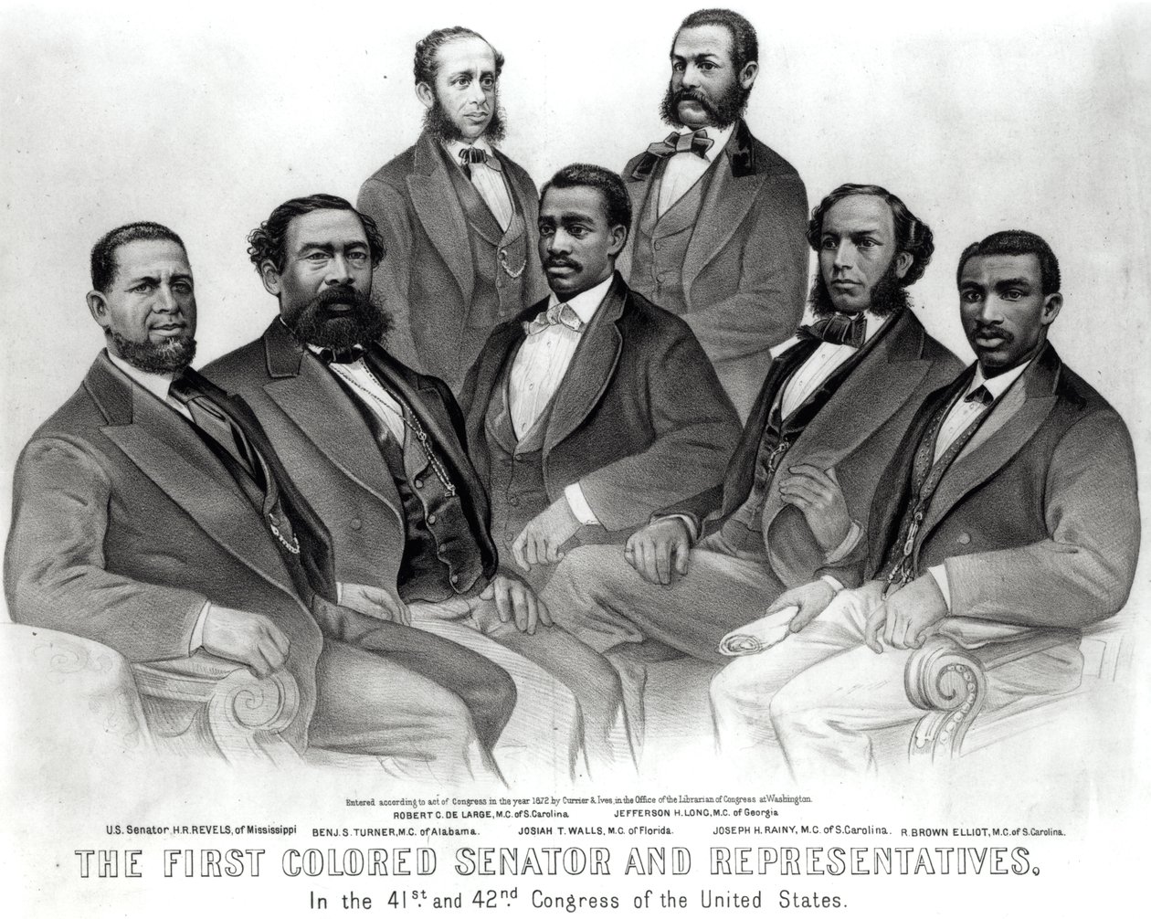 Ensimmäinen värillinen senaattori ja edustajat Yhdysvaltain 41. ja 42. kongressissa, pub. kirjoittanut Currier ja Ives, 1872 (litho) (nippukuva) tekijältä American School