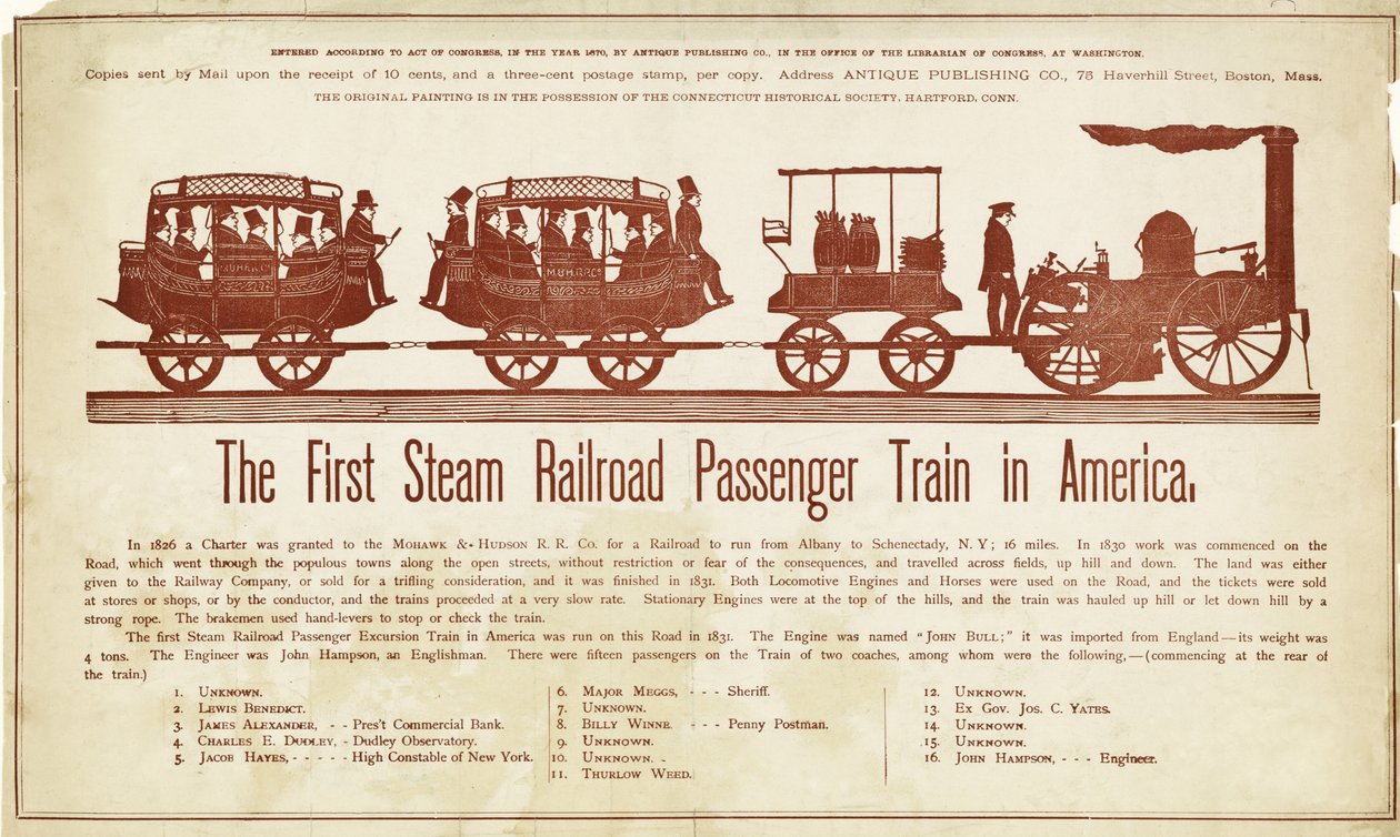 The First Steam Railroad Passenger Train in America, julkaistu n.1870 (värillinen puupiirros) tekijältä American School