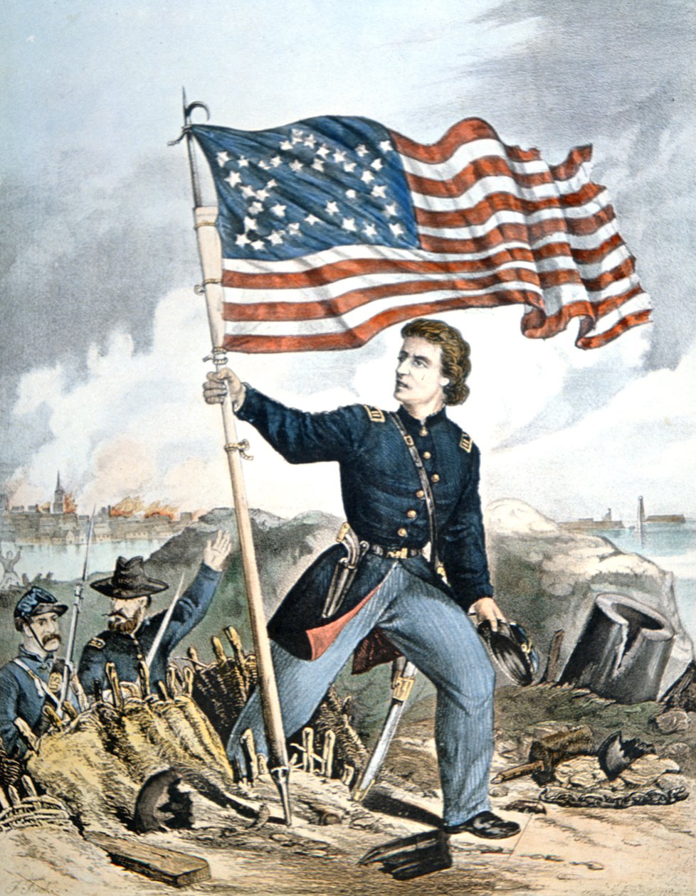 "The Flag Again, Waves Over Sumter", kaiverrus Kimmel & Forster (väri litho) tekijältä American School