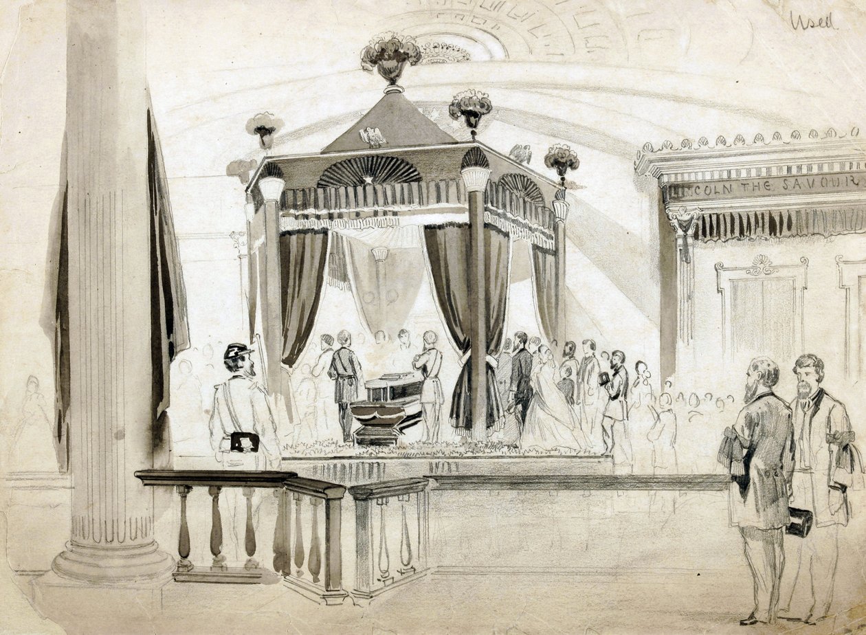 The Funeral Catafalque at Springfield, Illinois, kuvitus Frank Leslies Illustrated Newspaperille, 1865 (lyijykynä, muste ja pesu paperille) tekijältä American School