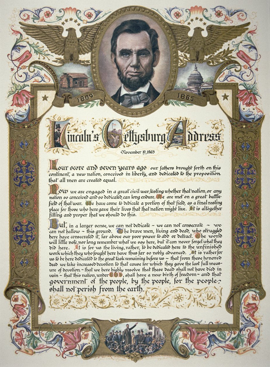 Gettysburgin osoite, toimittanut Abraham Lincoln (1809-65) tekijältä American School