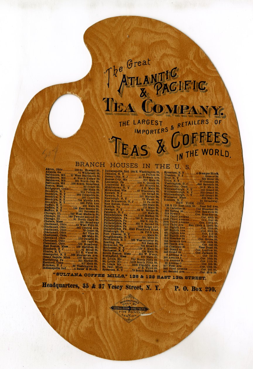 The Great Atlantic & Pacific Tea Company, maailman suurimmat teen ja kahvin maahantuojat ja jälleenmyyjät (stanssattu painettu puinen paletti) tekijältä American School