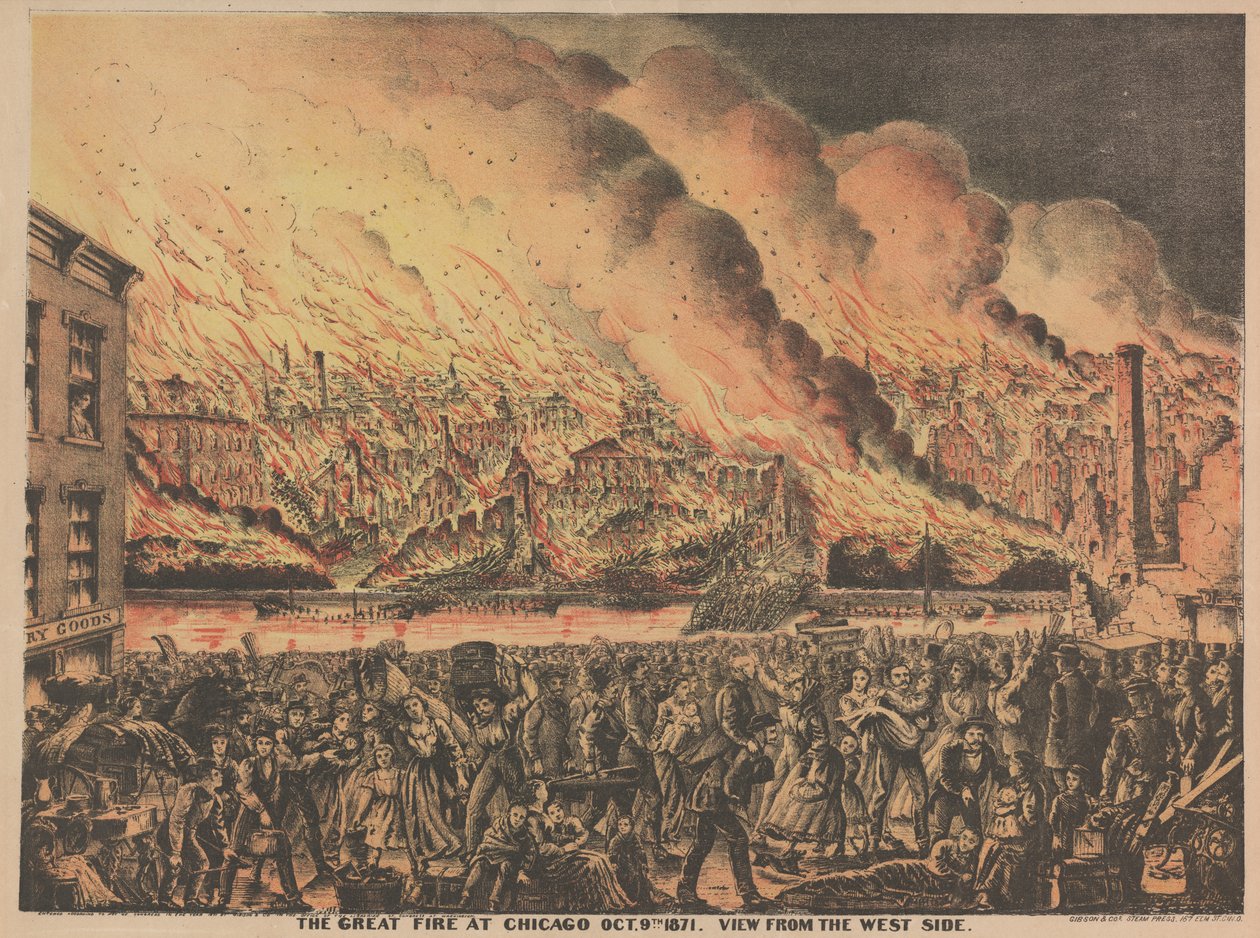 Suuri tulipalo Chicagossa, 9. lokakuuta, näkymä länsipuolelta, 1871 tekijältä American School