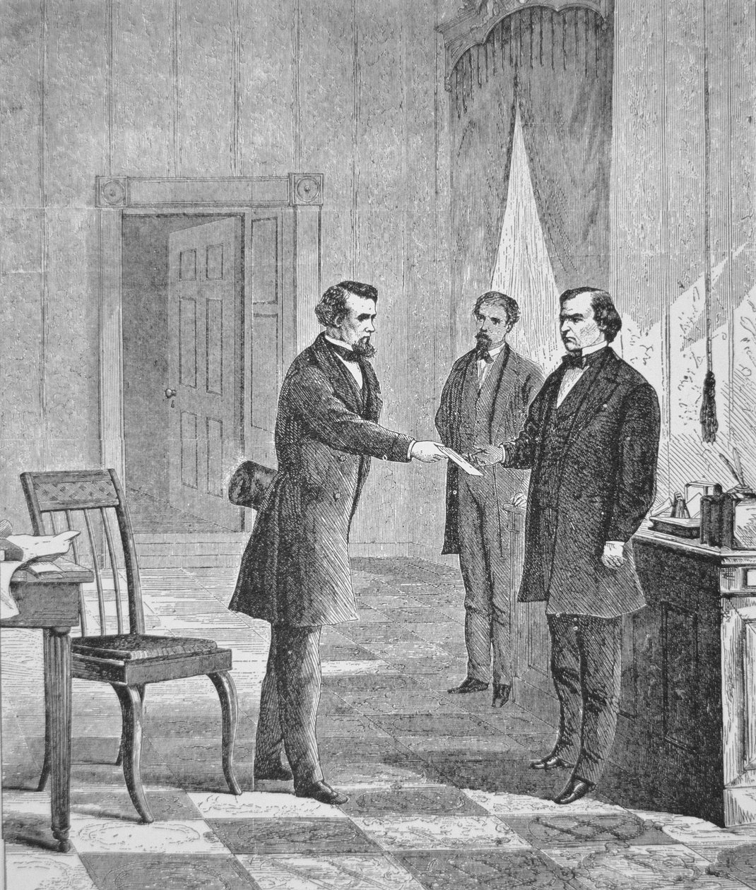 Presidentti Andrew Johnsonin (1808–1875) virantoimitus 1868 (kaiverrus) tekijältä American School