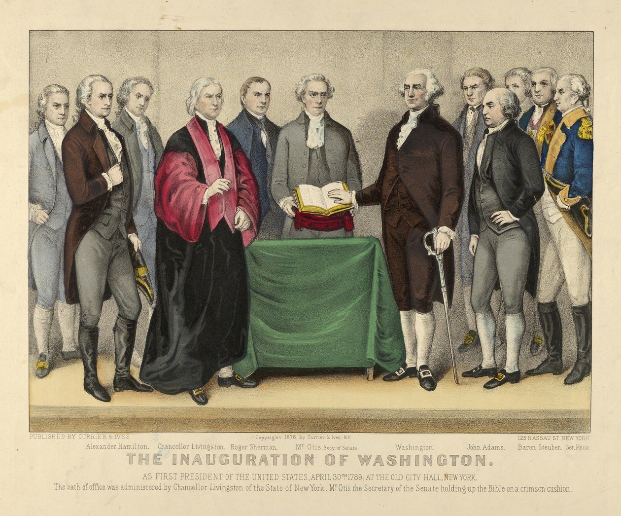 Washingtonin virkaanastuminen Yhdysvaltain ensimmäiseksi presidentiksi, 30. huhtikuuta 1789, Old City Hall, New York, pub.1876 (väri litho) tekijältä American School