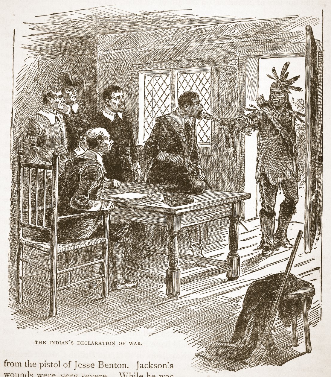 Intiaanien sodanjulistus kirjapubista. 1896 tekijältä American School