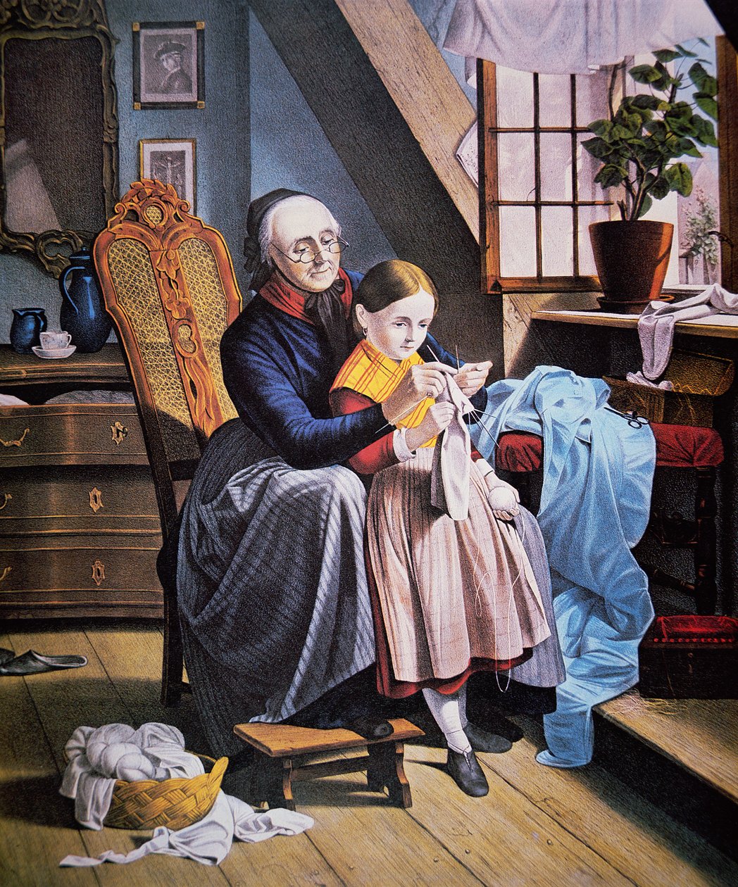 The Knitting Lesson, julkaisija Currier & Ives tekijältä American School