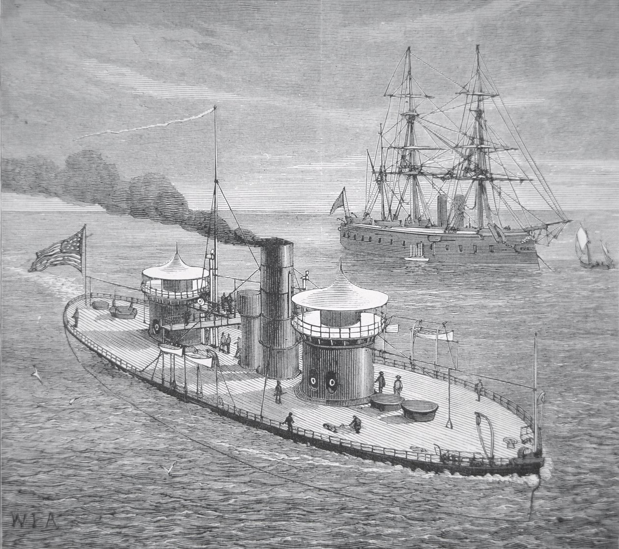 Miantonoma, twin-turret panssaroitu näyttö lanseerattiin 1863 (litho) tekijältä American School