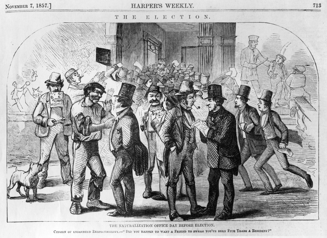 Naturalization Office Day Before Election, julkaistu Harpers Weeklyssä, 7. marraskuuta 1857 tekijältä American School