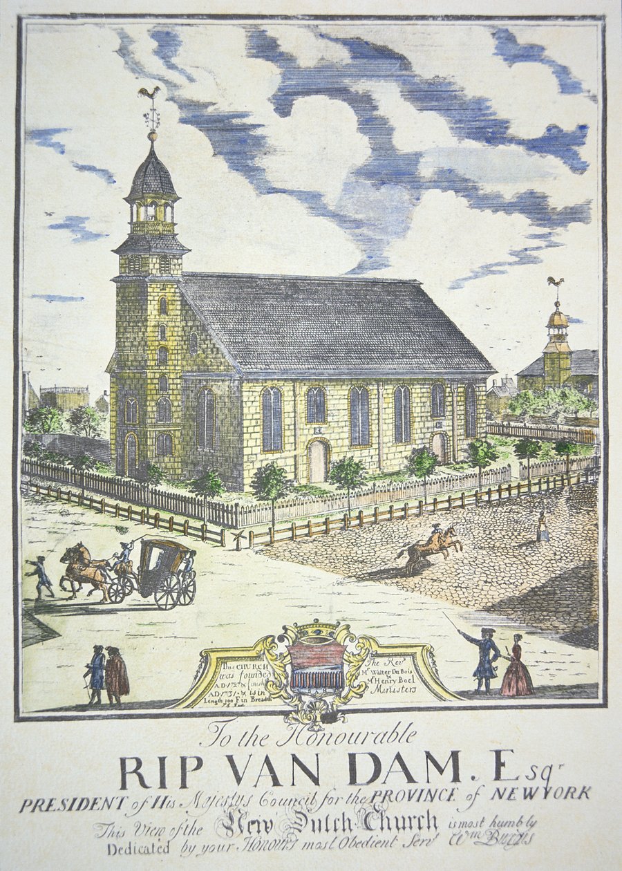 New Dutch Reformed Church, rakennettu Nassau- ja Liberty-katujen kulmaan New Yorkissa vuonna 1731 (värillinen kaiverrus) tekijältä American School