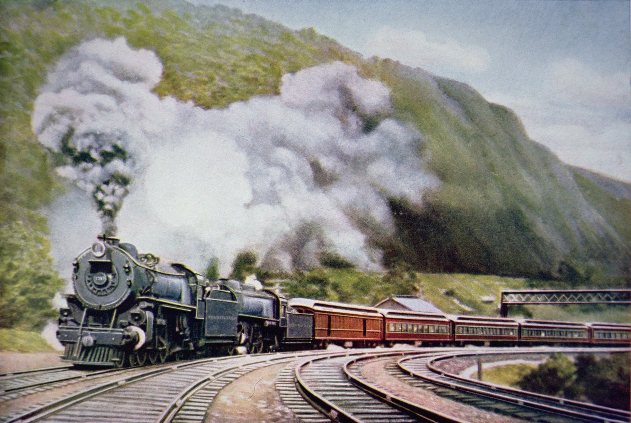 The New York - Chicago Express Horse-Shoe Curve, Alleghany, n. 1930 (väri litho) tekijältä American School