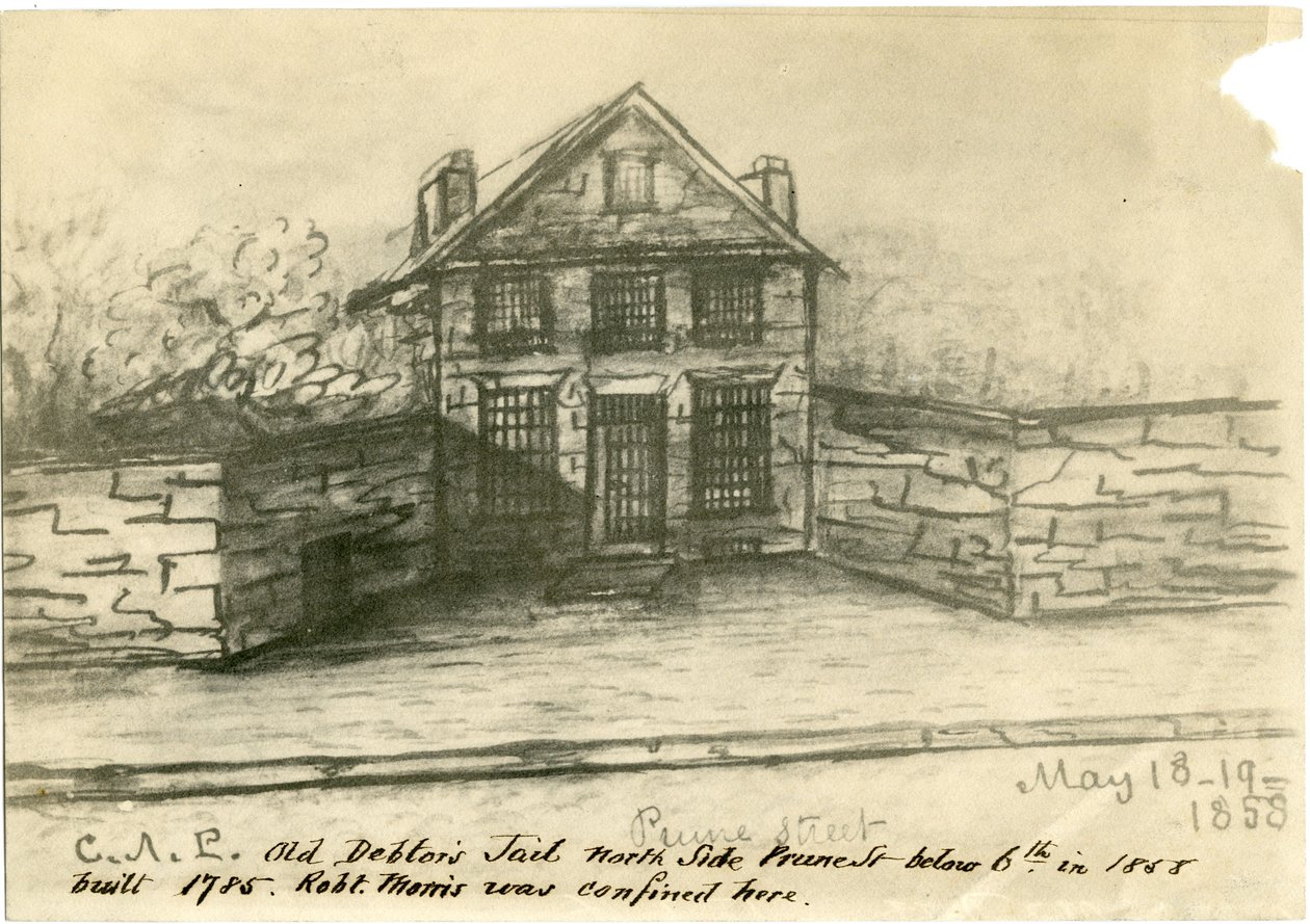 Vanhojen velallisten vankila, Prune St.:n puoli 6:n alapuolella, kuvitus Castnerin leikekirjasta, 1858 (valokuva) tekijältä American School
