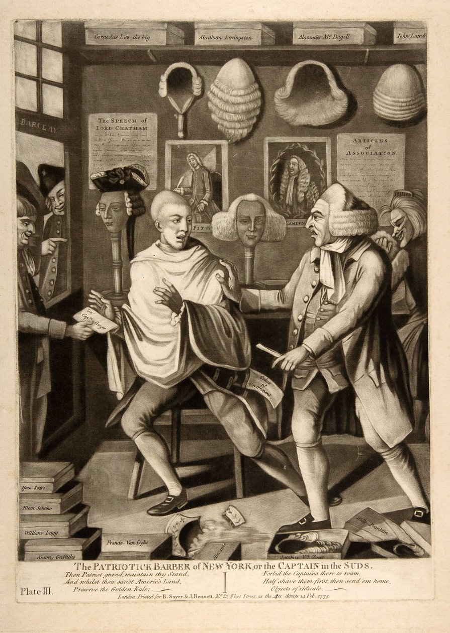 New Yorkin isänmaallinen parturi tai kapteeni sudsissa, pubissa. 1775 tekijältä American School