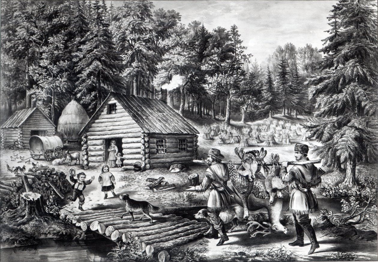 Pioneerin koti länsirajalla, pubi. Currier und Ives, 1867 tekijältä American School