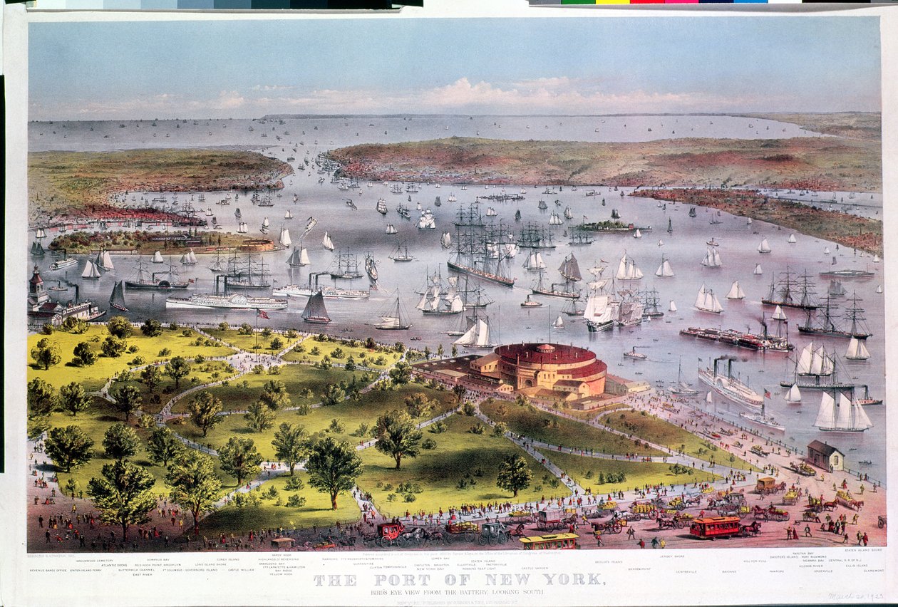 New Yorkin satama, lintuperspektiivinäkymä Batterysta etelään, kaiverrus Parsons & Atwater, julkaisija Currier & Ives, 1872 tekijältä American School