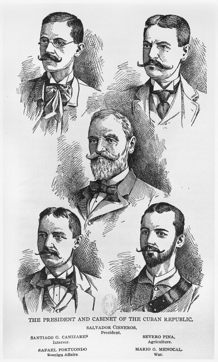 Presidentti Salvador Cisneros Betancourt (1828-1914) ja Kuuban tasavallan hallitus, n. 1895, kuvitus teoksesta The Story of Kuuba, Murat Halstead, Werner Company, julkaistu 1898 (kaiverrus tekijältä American School