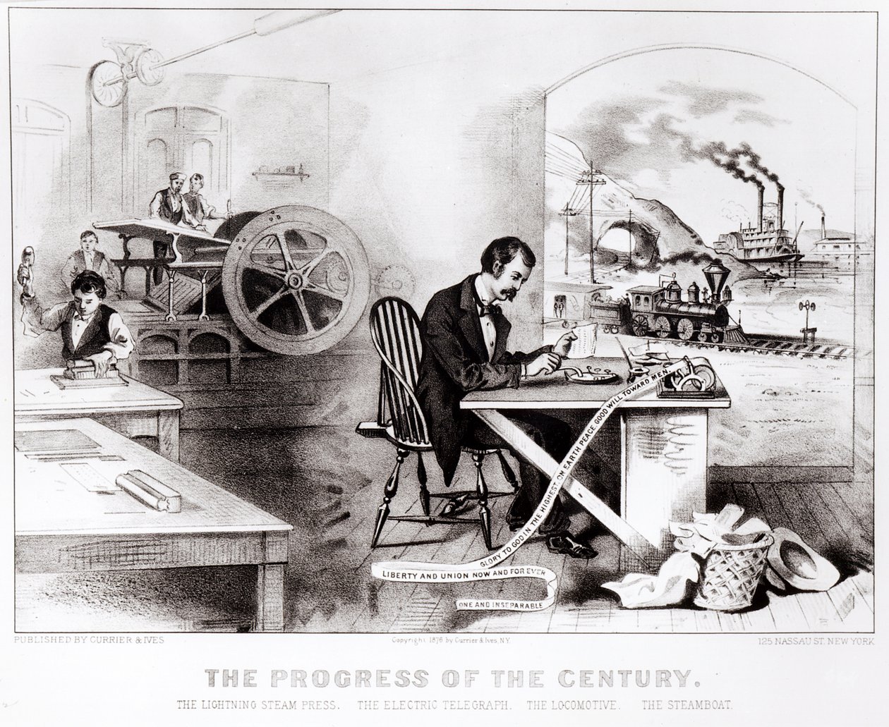Vuosisadan edistys: Lightning Steam Press, Electric Telegraph, Locomotive and the Steamboat, pubi. kirjoittanut Currier & Ives, 1876 tekijältä American School