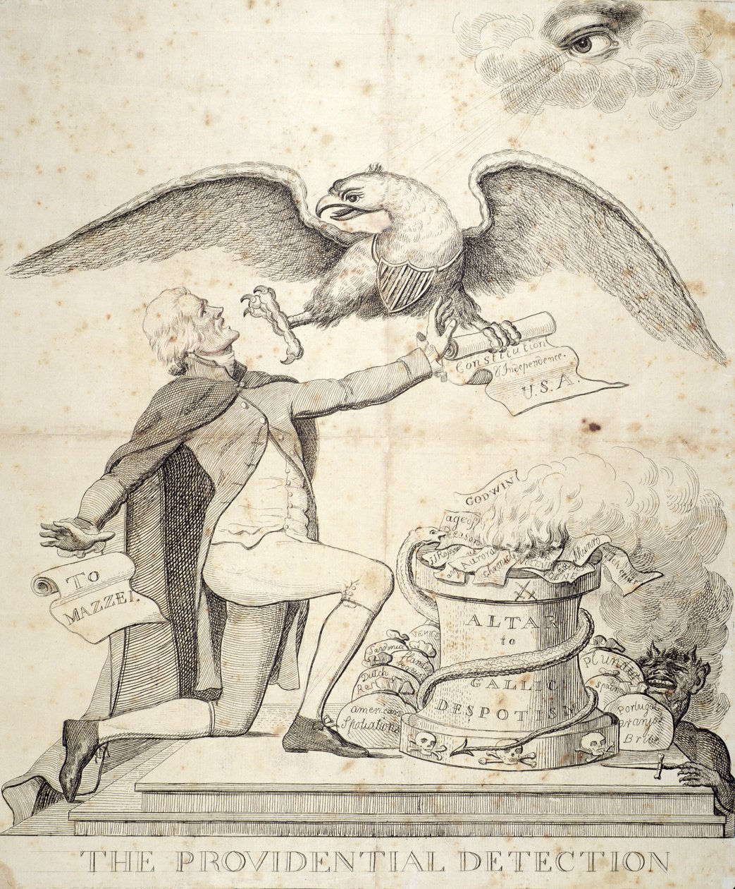 Providential Detection, sarjakuva Thomas Jeffersonista (1743-1826), joka yrittää tuhota perustuslain tekijältä American School