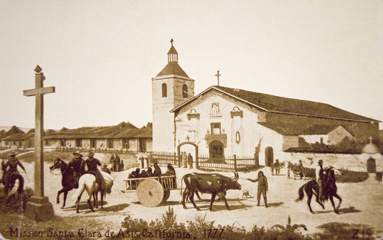 Espanjan lähetyskenttä, Santa Clara de Asis, Kalifornia vuonna 1777 (litho) tekijältä American School