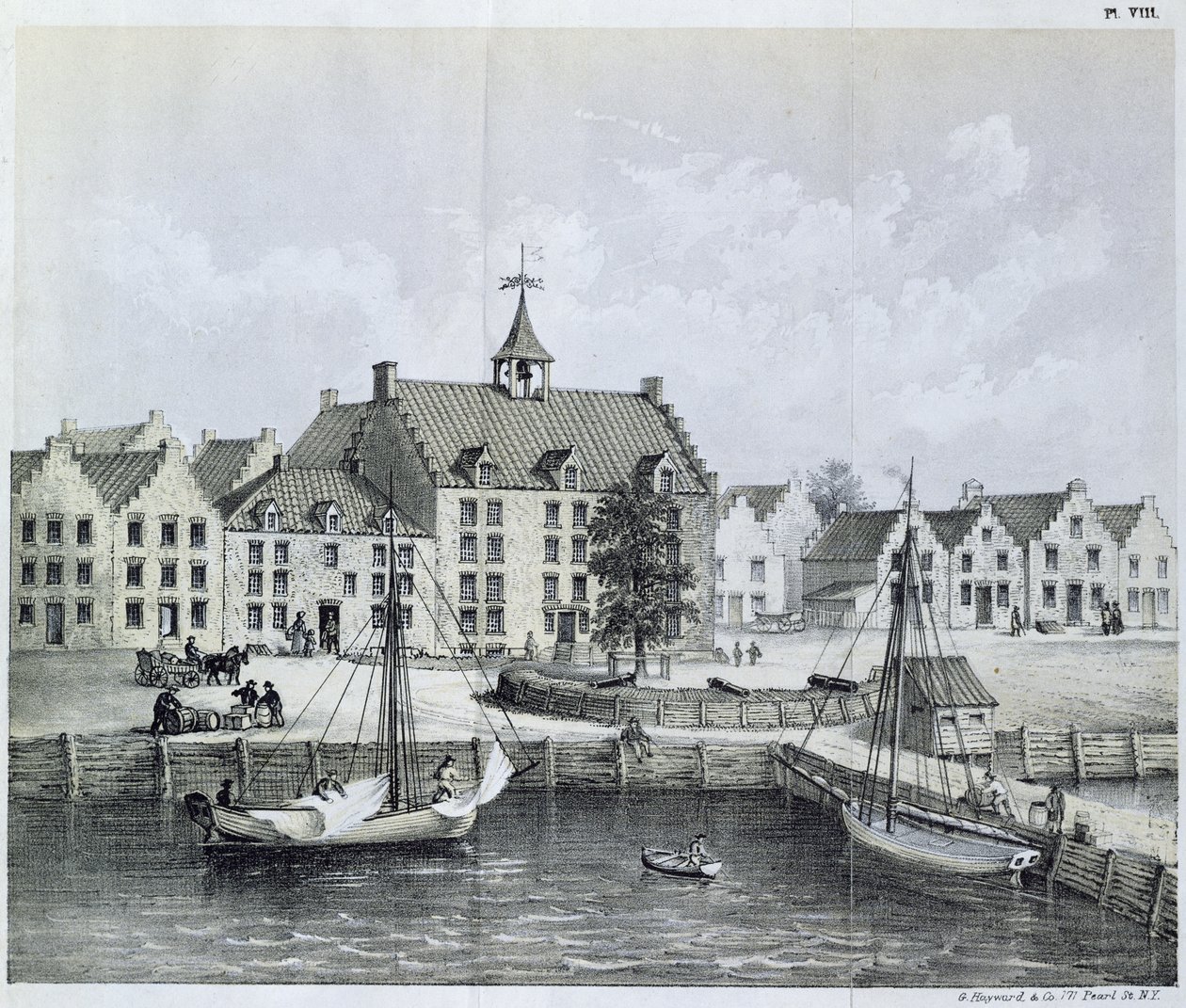 The Stadthuys of New York vuonna 1679, Corner of Pearl Street ja Coentijs Slip, Jasper Danckaertsin (s.1639) ja Peter Sluyterin (1645-1722) Journal of a Voyage to New York 1679-80 -julkaisusta, julkaistu 1867 tekijältä American School