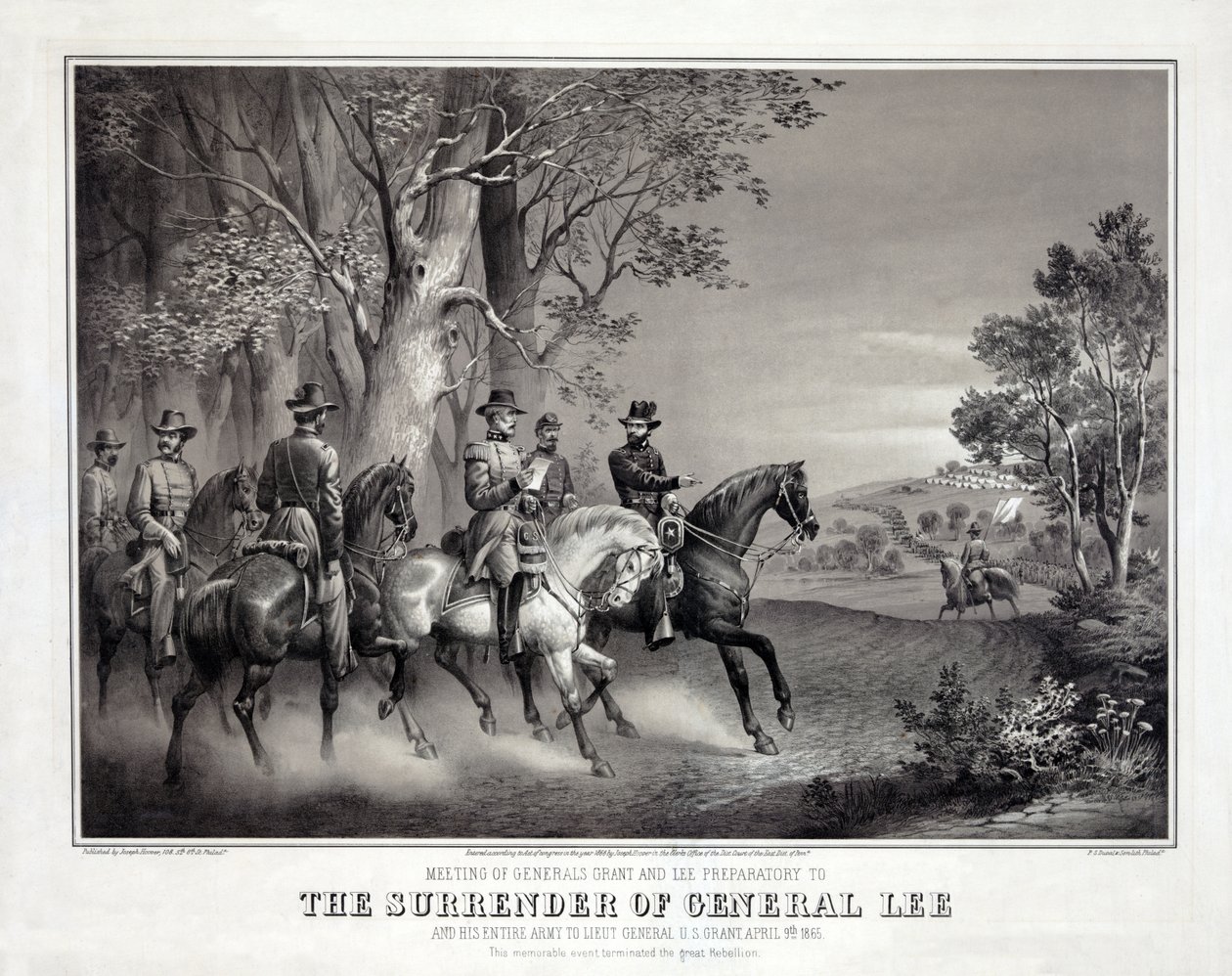 Kenraali Leen antautuminen, julkaisu: The Surrender of General Lee. 1866 (litografia) tekijältä American School
