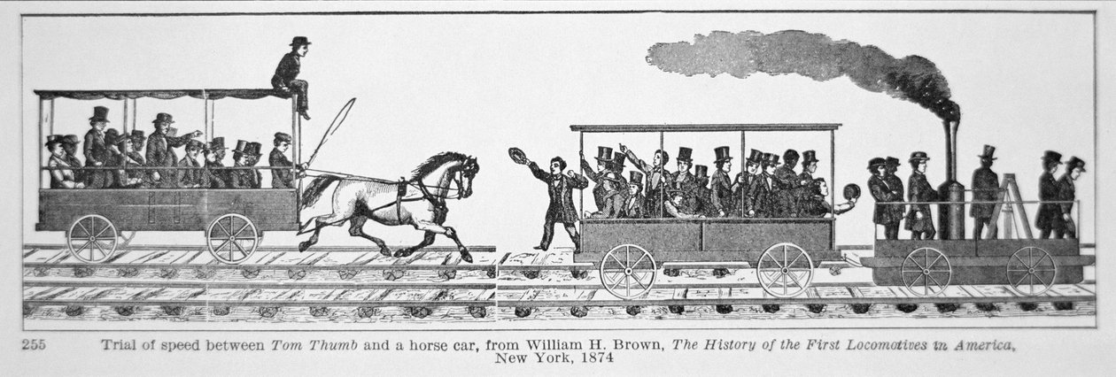 "Tom Thumb Locomotive" kilpailee hevosvetoautoa vastaan, William H. Brownin 1830 (litho) teoksesta "The History of the First Locomotives in America" tekijältä American School
