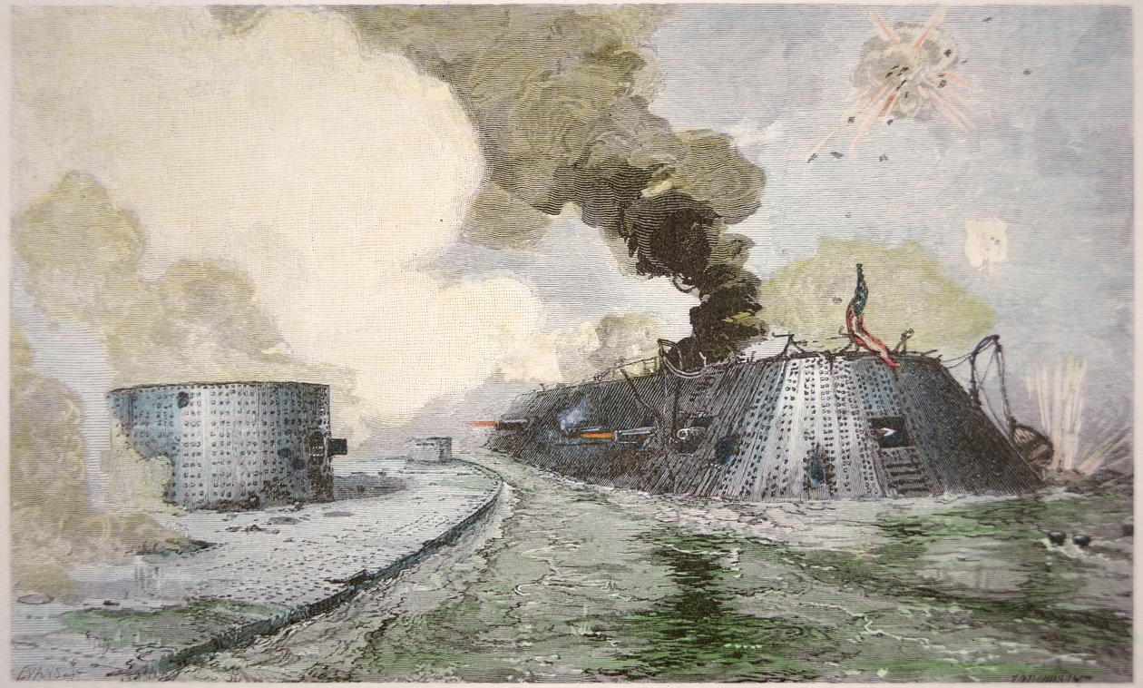 USS "Monitor" taistelee CSS "Merrimackia" vastaan Hampton Broadsin taistelussa Yhdysvaltain sisällissodan aikana, 9. maaliskuuta 1862 (värilitho) tekijältä American School