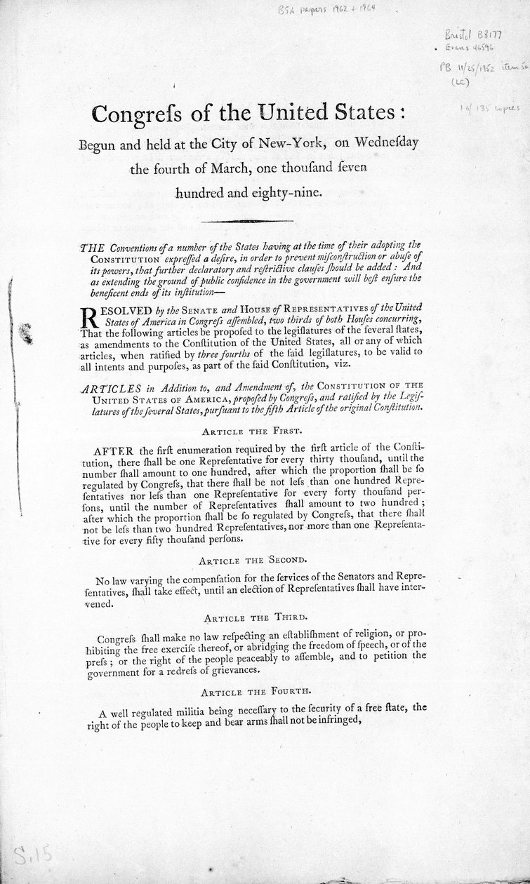 Yhdysvaltain Bill of Rights, valmistunut 1789 (painettu) tekijältä American School
