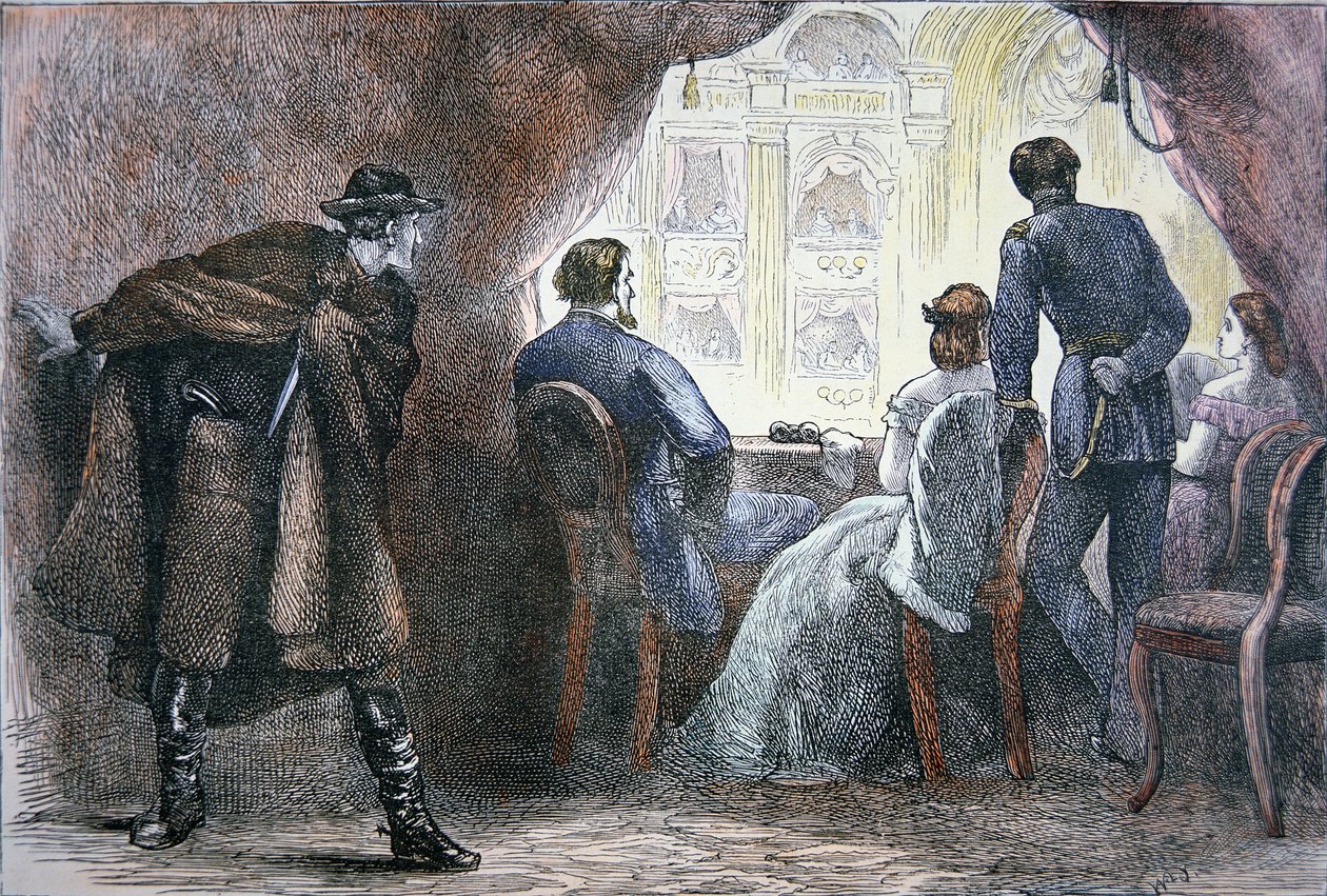 Abraham Lincolnin (1809-65) salamurha Fordin teatterin laatikossa, 14. huhtikuuta 1865 (värilitho) tekijältä American School