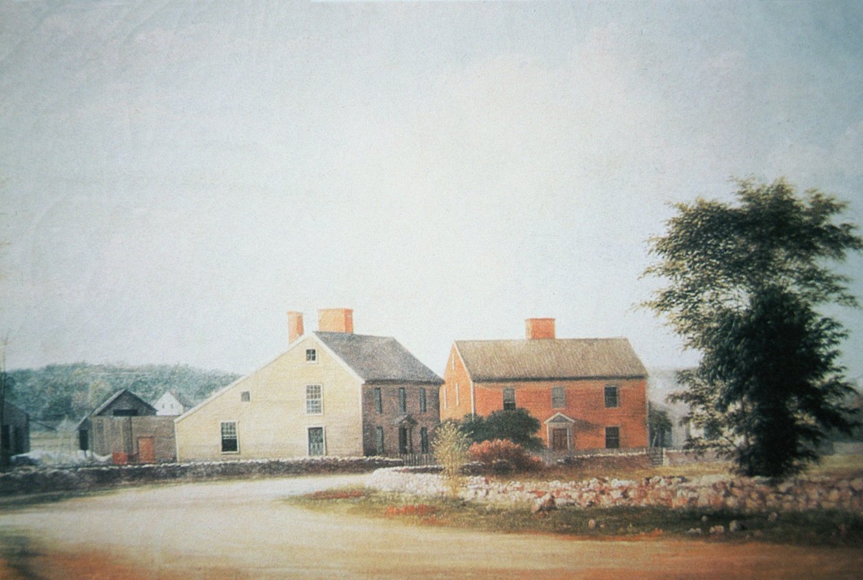 John Adamsin (1735-1826) syntymäpaikka Braintreessa, nykyisessä Quincyssä, Massachusettsissa (väri litho) tekijältä American School