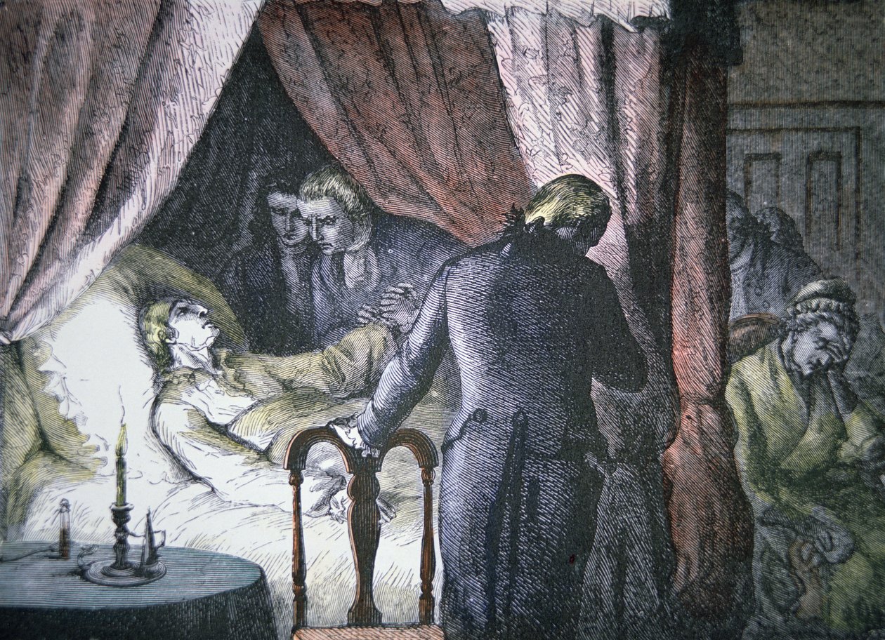 George Washingtonin kuolema Mount Vernonissa, Virginiassa (värilitografia) tekijältä American School