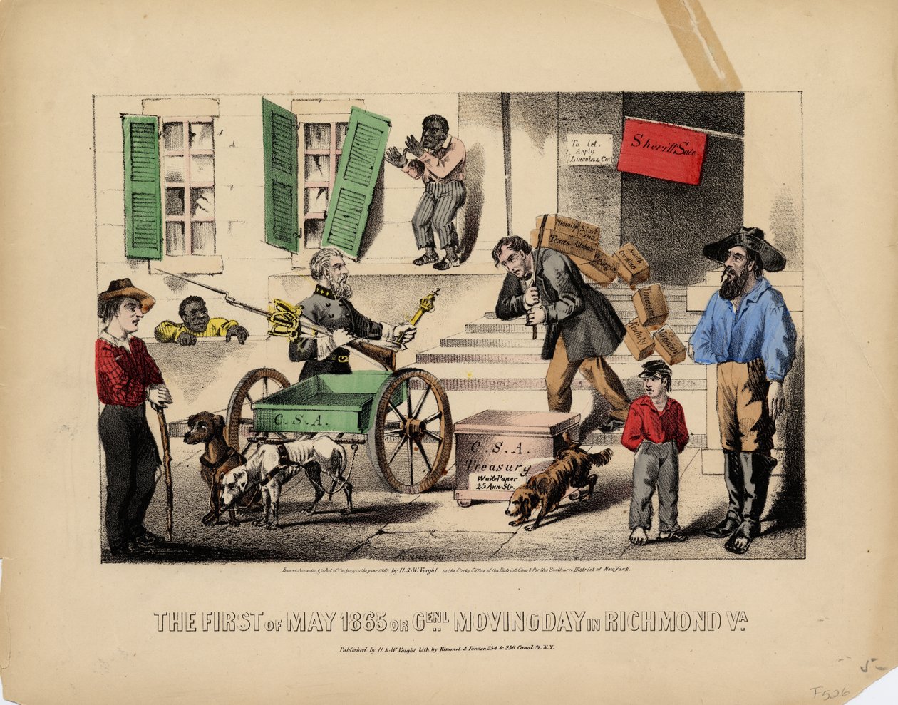 Ensimmäinen toukokuuta 1865 tai kenr. muuttopäivä Richmond Va., Lith. Kimmel & Forster, julkaisija H. & W. Voight, New York, 1865 tekijältä American School