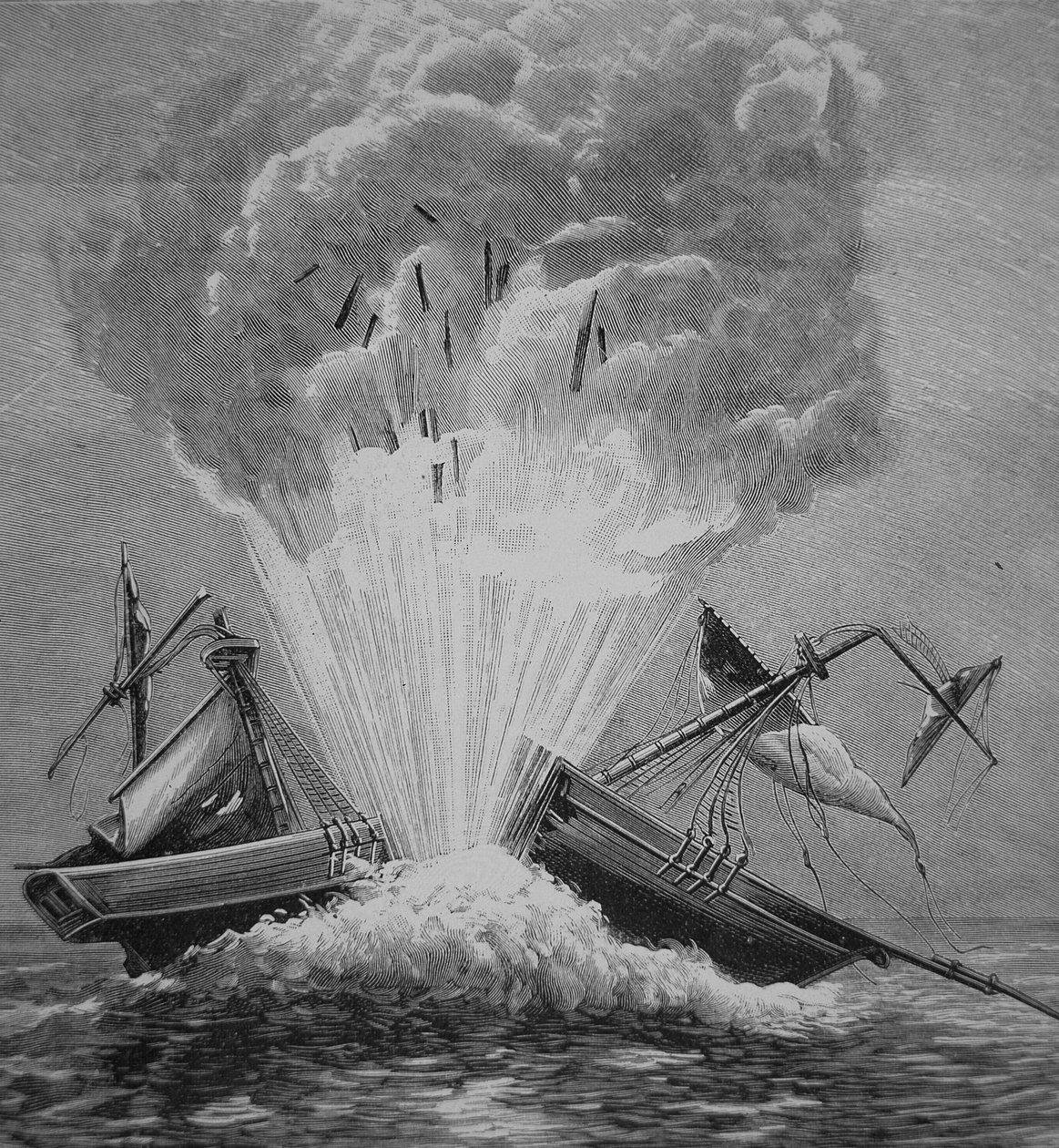 Ensimmäinen Robert Fultonin (1765-1815) keksimä torpedo räjäyttää tanskalaisen Dorothee-prikan Walmerin lahdella. tekijältä American School