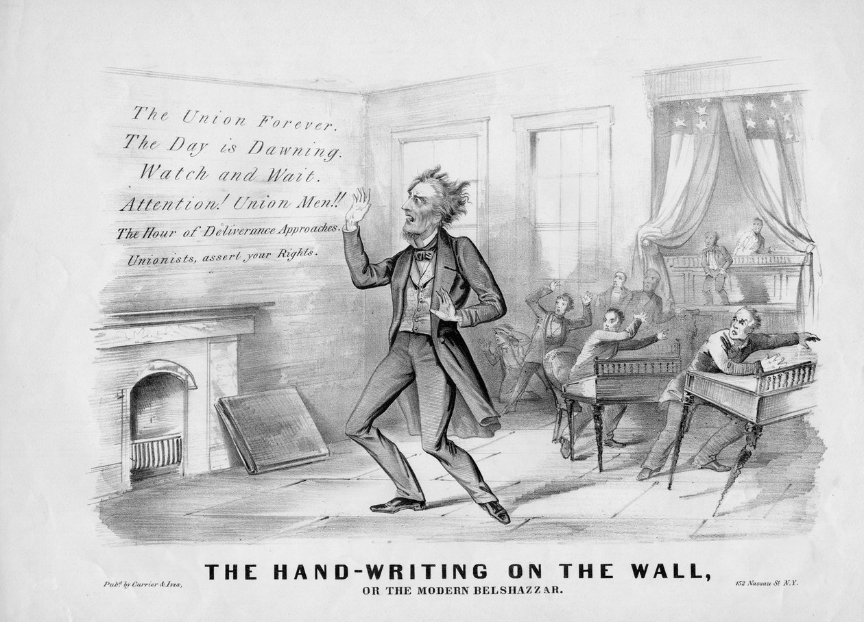 Käsikirjoitus seinällä tai Moderni Belshazzar, julkaisija Currier & Ives, New York, n. 1864 tekijältä American School