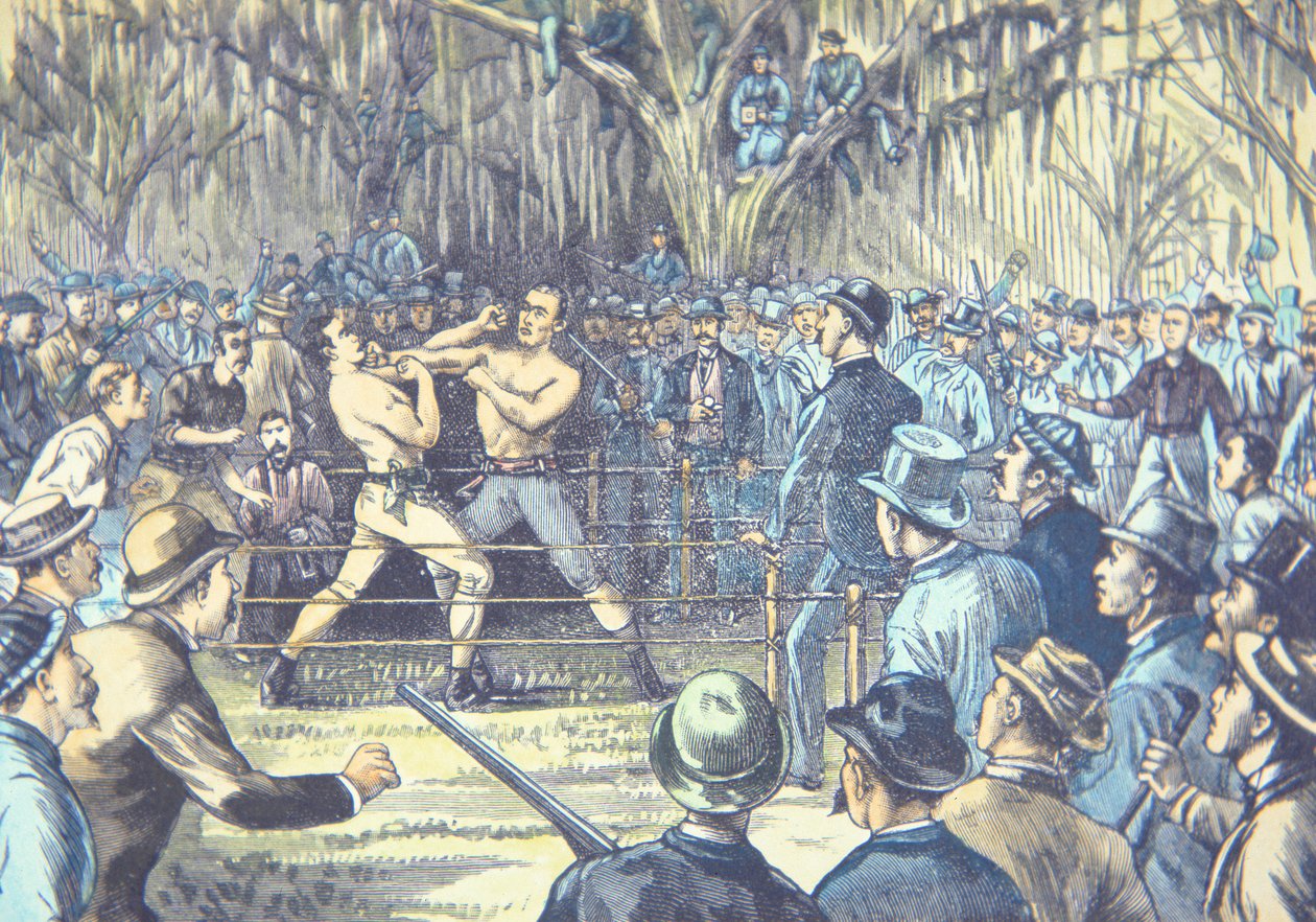 Viimeinen paljain rystysnyrkkeilyn mestaruusottelu vuonna 1889, John L. Sullivan v. Jake Kilrain Richburgissa, Mississippissä (värilitho) tekijältä American School