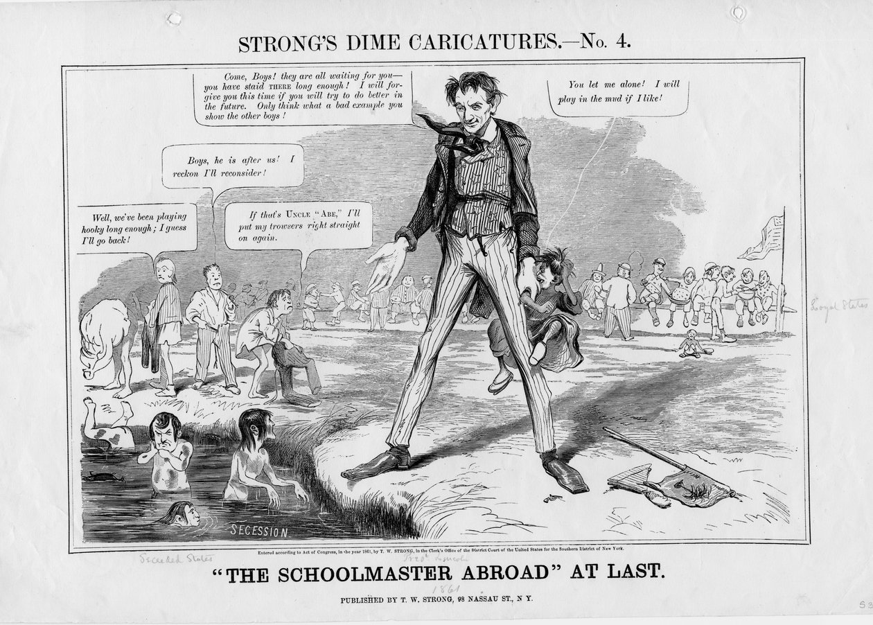 Koulumestari ulkomailla vihdoinkin: Vahvoja penniäkään karikatyyrejä, no. 4, julkaisija T.W. Strong, New York, 1861 tekijältä American School