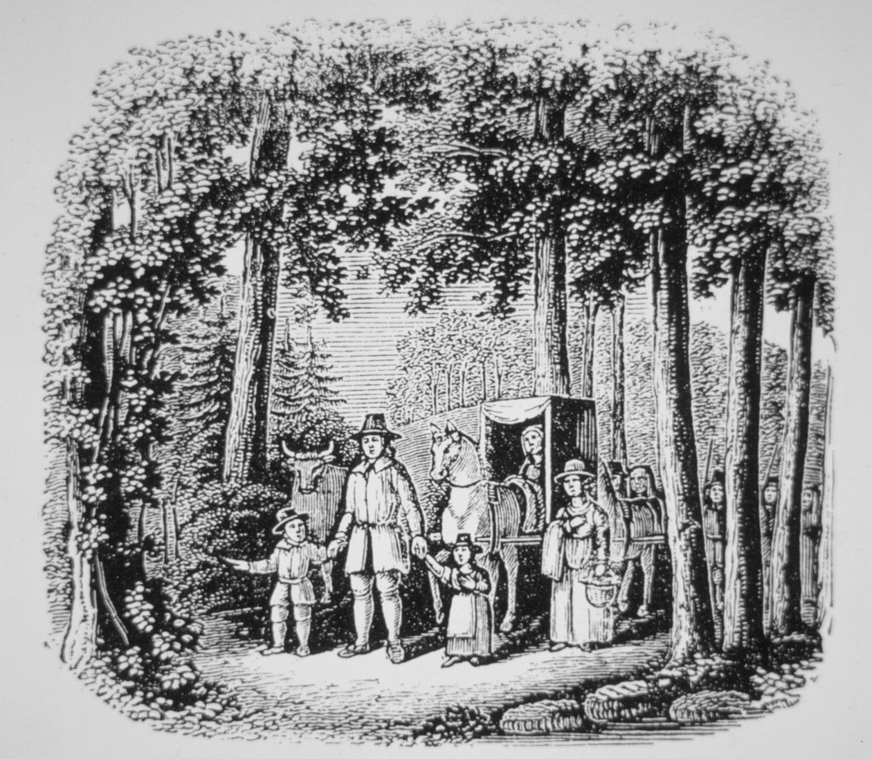 Thomas Hooker johdattelee seurakuntalaisia Connecticutin erämaahan (litho) tekijältä American School