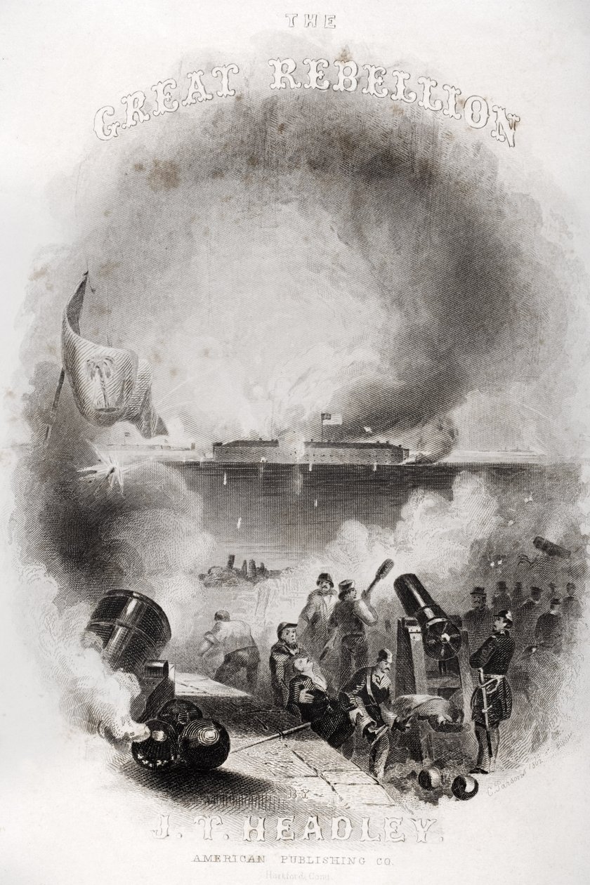 Otsikkosivun kuva hyökkäyksestä Fort Sumteriin vuonna 1861, J.T.:n teoksesta The Great Rebellion. Headley, julkaistu 1866 tekijältä American School