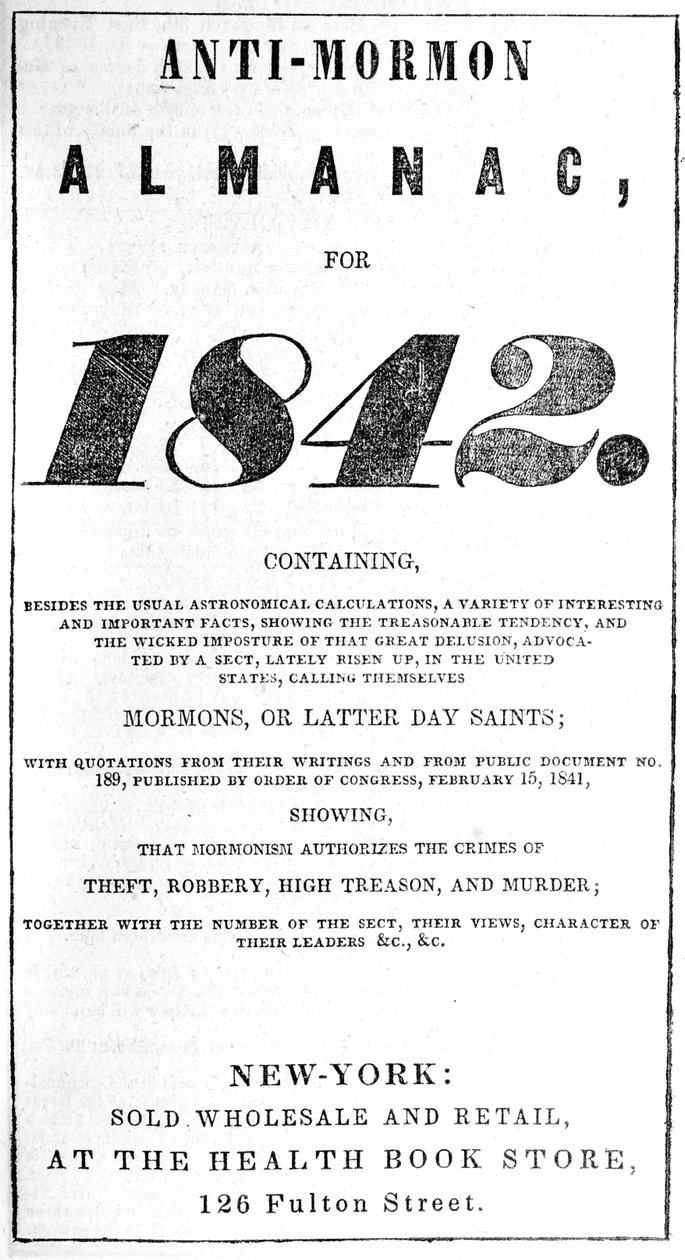 Vuoden 1842 anti-mormonialmanakan otsikkosivu (painettu) tekijältä American School
